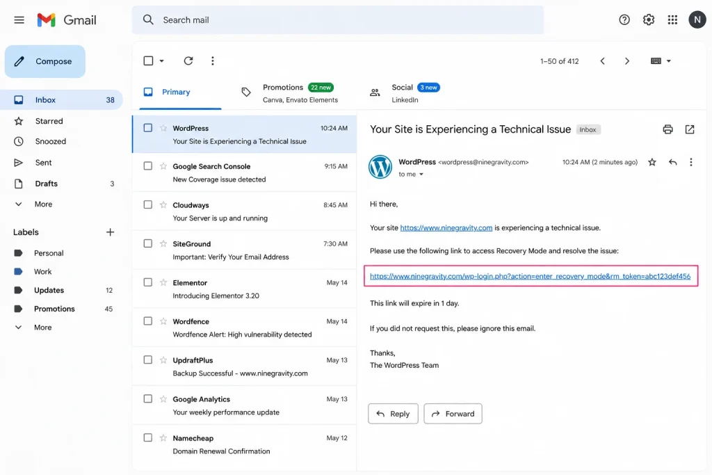 WordPress admin email inbox